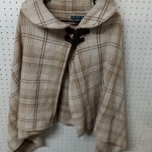 Lauren Ralph Lauren Ladies Plaid Brown & Poncho Cape Shawl Lambs Wool Blend  XS